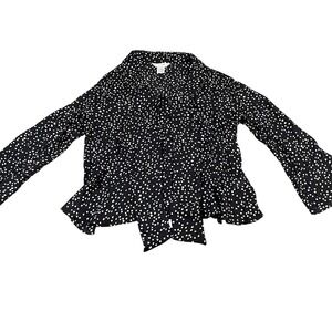 Allison Taylor Blouse Top Heart Print‎ Tie Neck Long Sleeve Black L